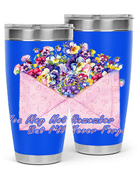 Floral Butterfly Alzheimer's Awareness Tumbler showcasing vibrant floral design and stainless steel construction.