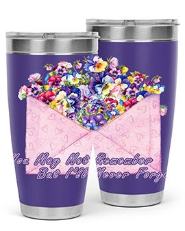Floral Butterfly Alzheimer's Awareness Tumbler showcasing vibrant floral design and stainless steel construction.