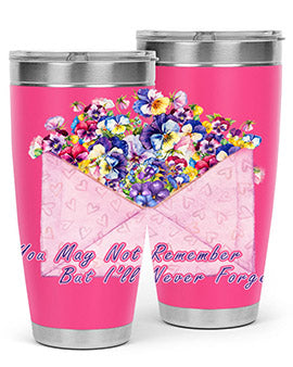 Floral Butterfly Alzheimer's Awareness Tumbler showcasing vibrant floral design and stainless steel construction.