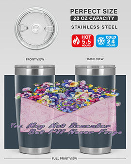 Floral Butterfly Alzheimer's Awareness Tumbler showcasing vibrant floral design and stainless steel construction.