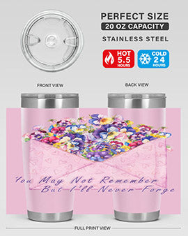 Floral Butterfly Alzheimer's Awareness Tumbler showcasing vibrant floral design and stainless steel construction.