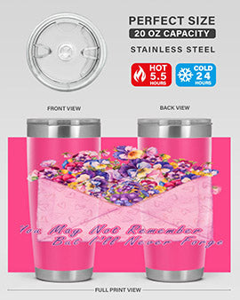 Floral Butterfly Alzheimer's Awareness Tumbler showcasing vibrant floral design and stainless steel construction.