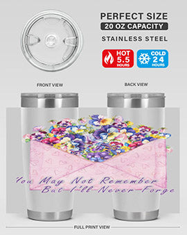 Floral Butterfly Alzheimer's Awareness Tumbler showcasing vibrant floral design and stainless steel construction.
