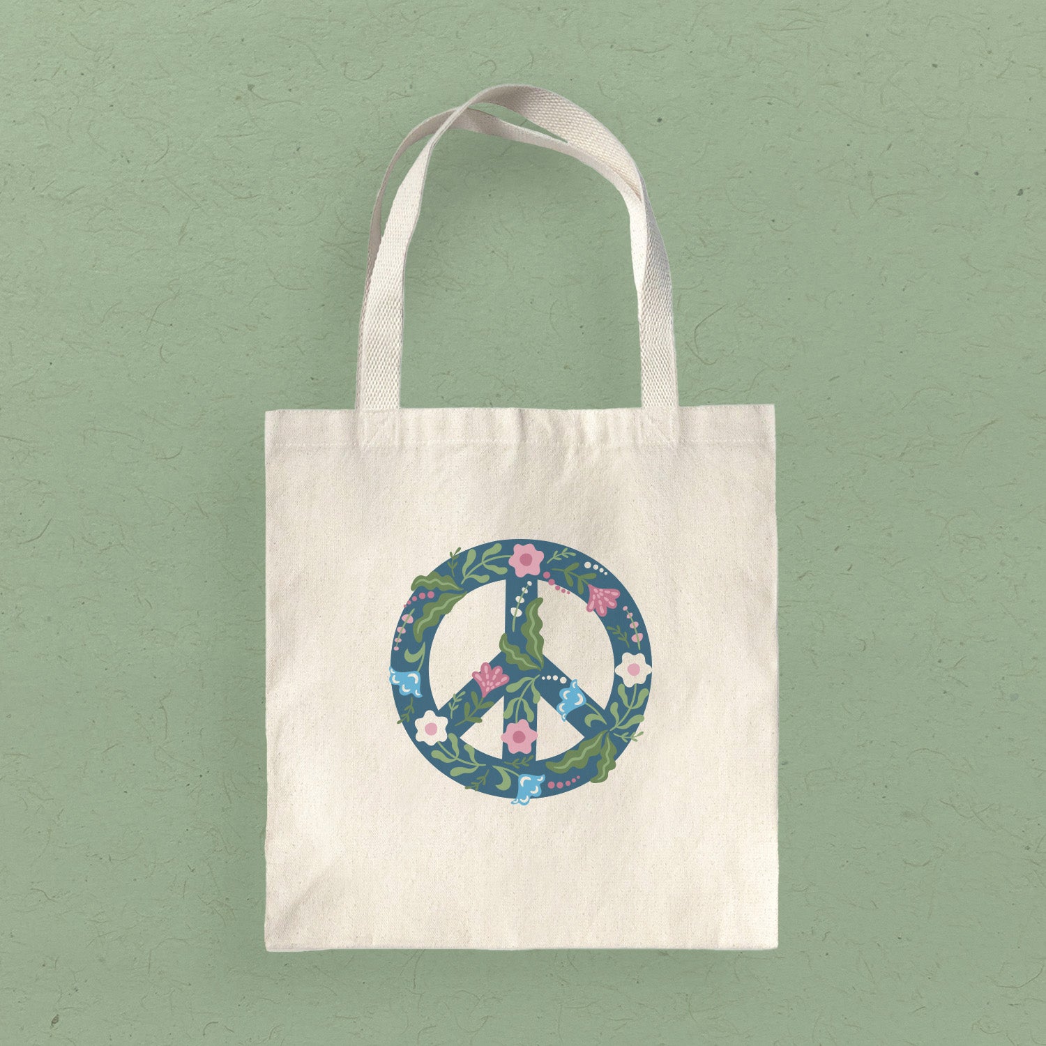 Floral Peace Sign Canvas Tote Bag featuring a vibrant floral design on durable canvas fabric, ideal for eco-friendly shopping.