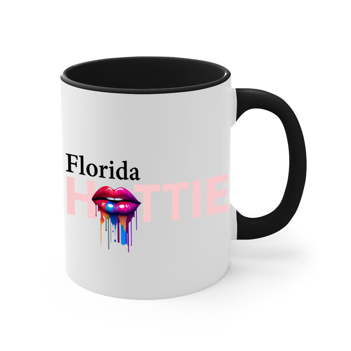 Florida Hottie Mug with dripping lips design, featuring a glossy finish and colorful handle, available in multiple sizes.