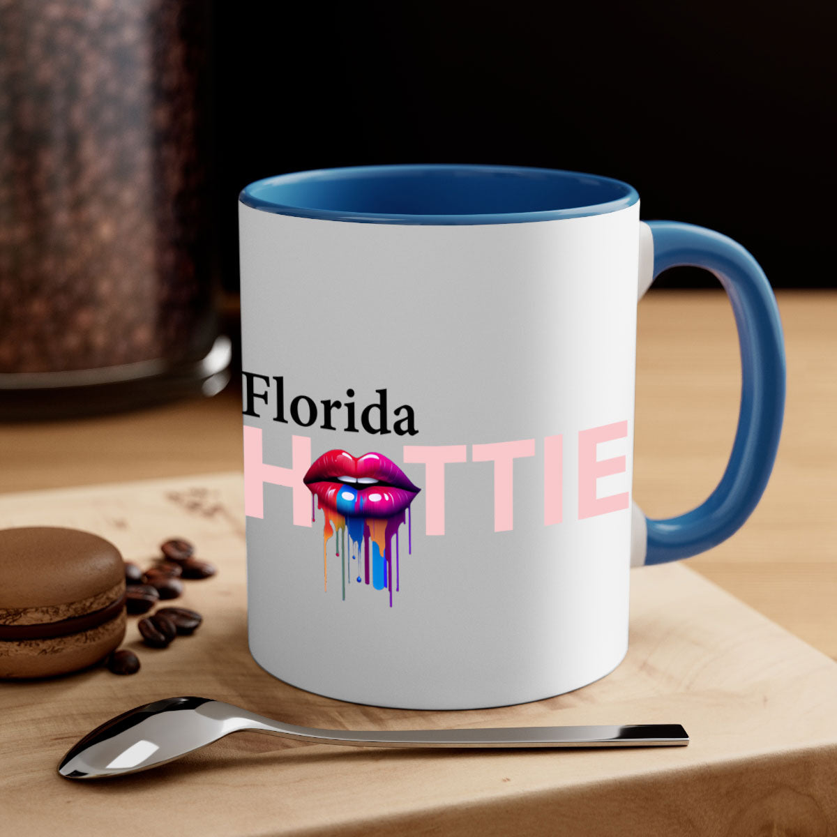 Florida Hottie Mug with dripping lips design, featuring a glossy finish and colorful handle, available in multiple sizes.