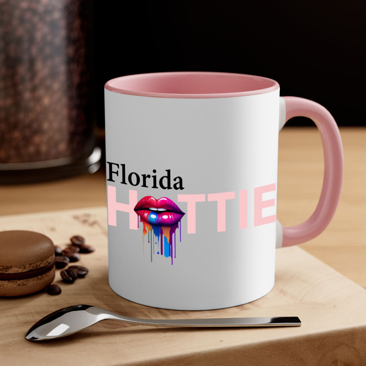 Florida Hottie Mug with dripping lips design, featuring a glossy finish and colorful handle, available in multiple sizes.