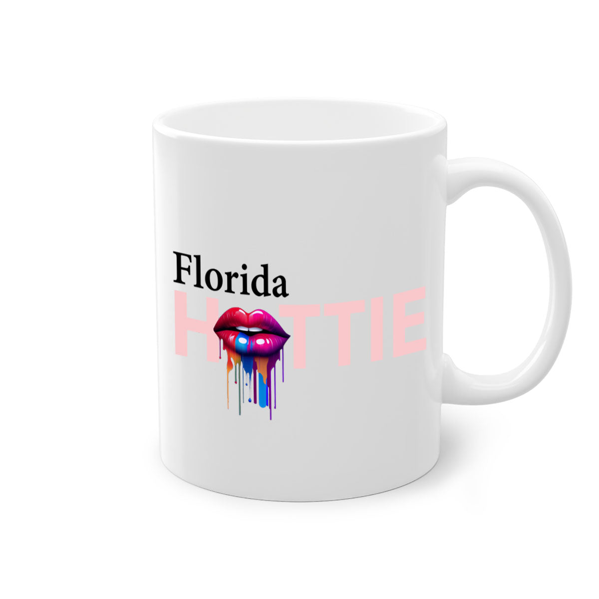 Florida Hottie Mug with dripping lips design, featuring a glossy finish and colorful handle, available in multiple sizes.