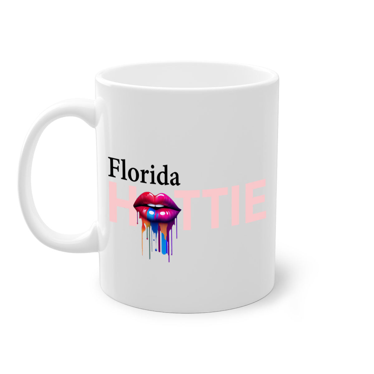 Florida Hottie Mug with dripping lips design, featuring a glossy finish and colorful handle, available in multiple sizes.