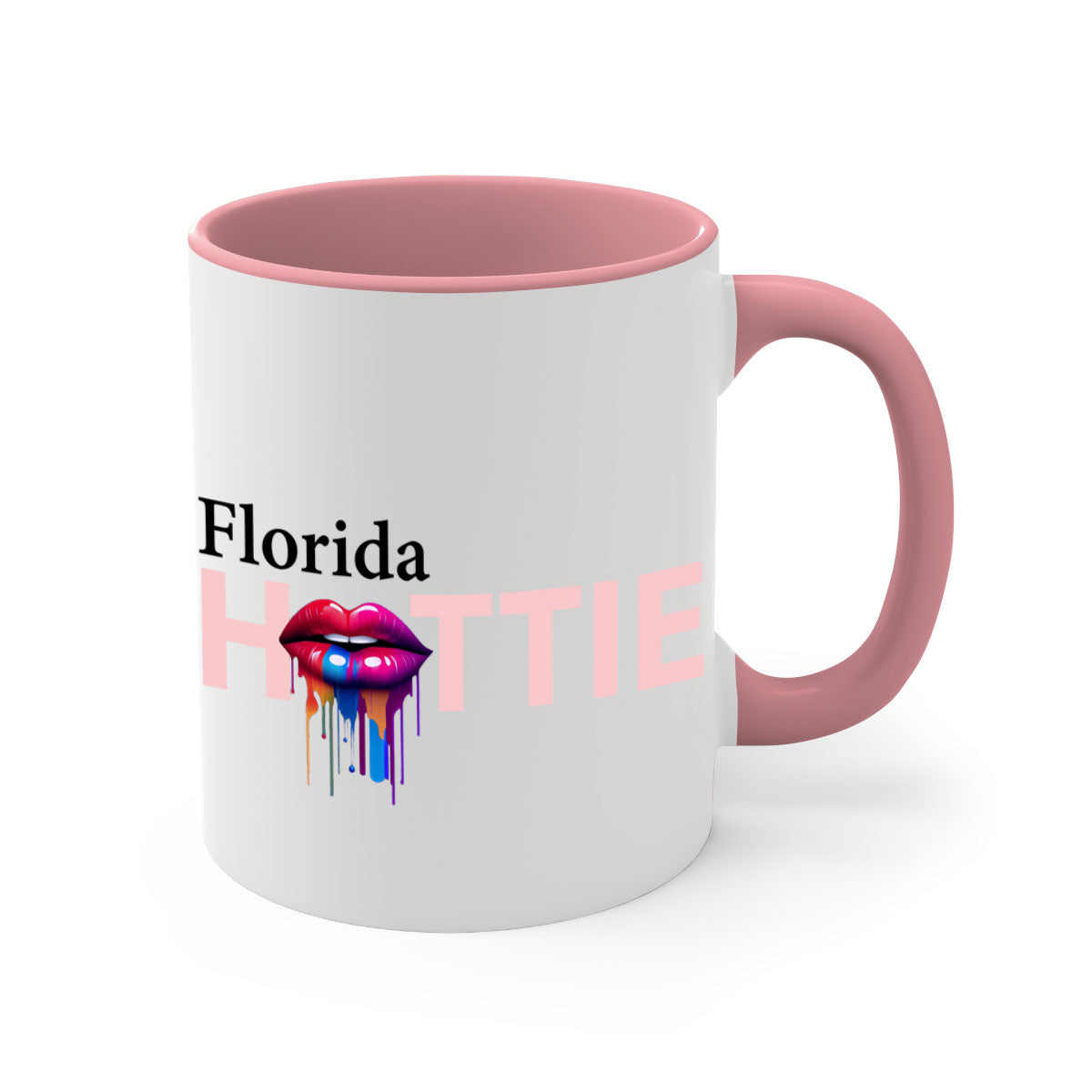 Florida Hottie Mug with dripping lips design, featuring a glossy finish and colorful handle, available in multiple sizes.