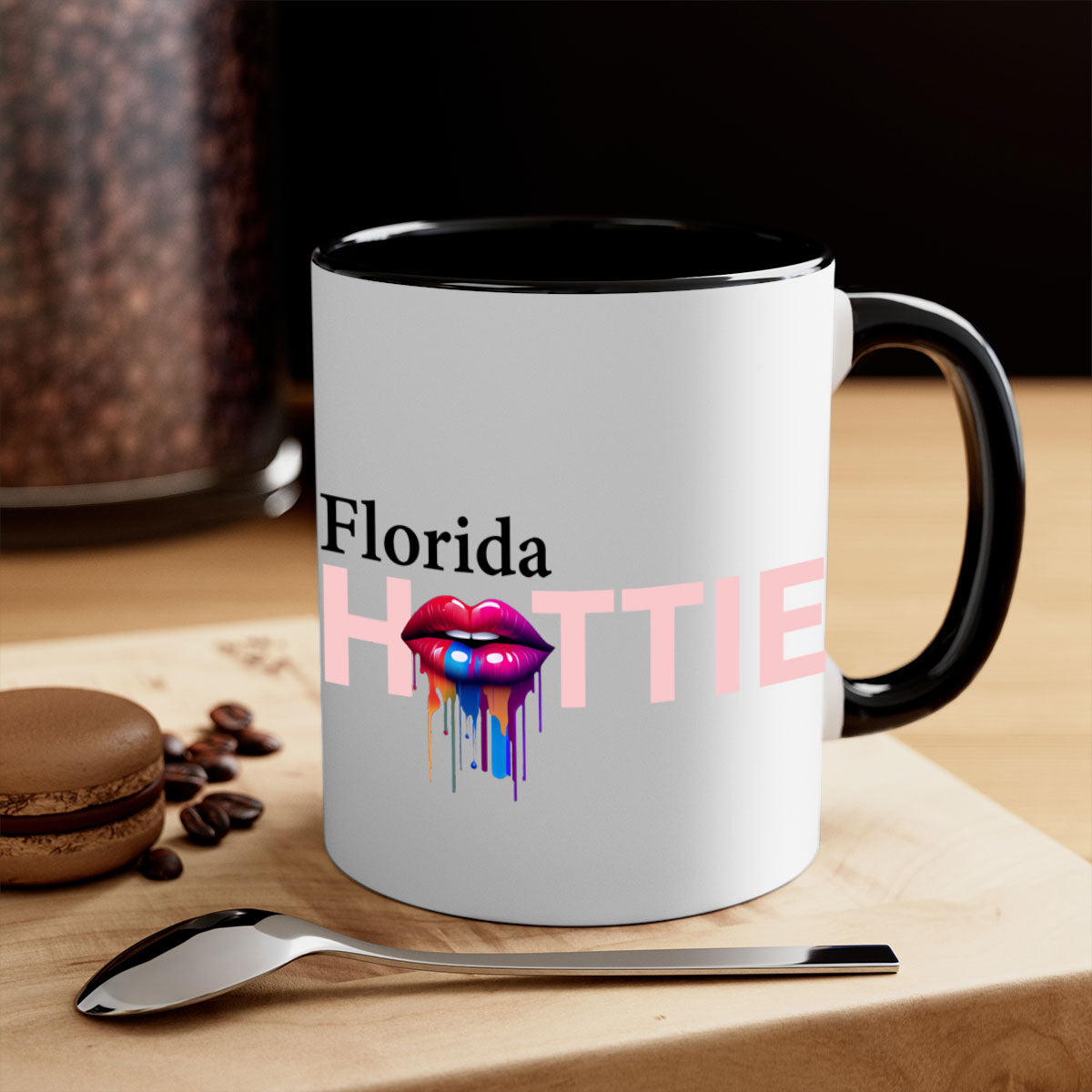 Florida Hottie Mug with dripping lips design, featuring a glossy finish and colorful handle, available in multiple sizes.