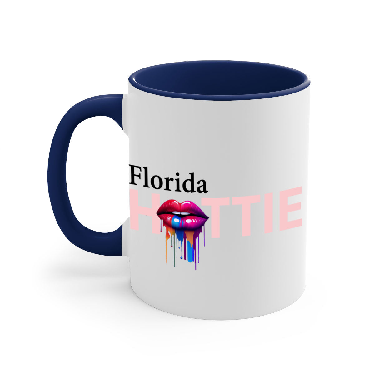 Florida Hottie Mug with dripping lips design, featuring a glossy finish and colorful handle, available in multiple sizes.