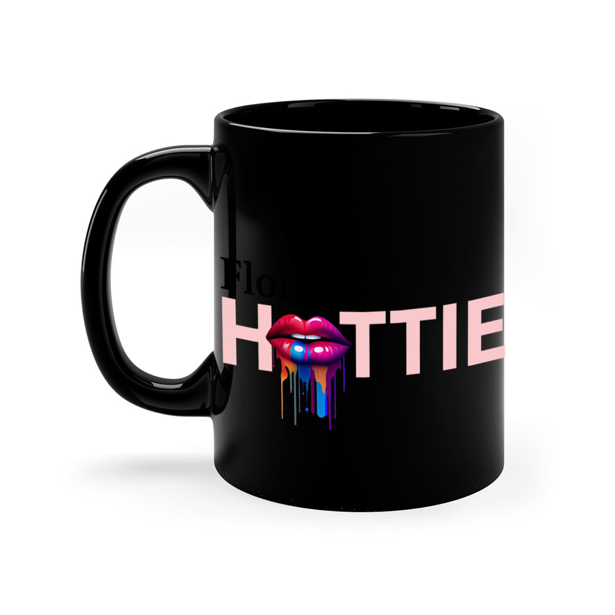 Florida Hottie Mug with dripping lips design, featuring a glossy finish and colorful handle, available in multiple sizes.