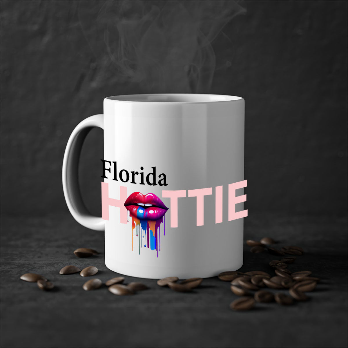 Florida Hottie Mug with dripping lips design, featuring a glossy finish and colorful handle, available in multiple sizes.