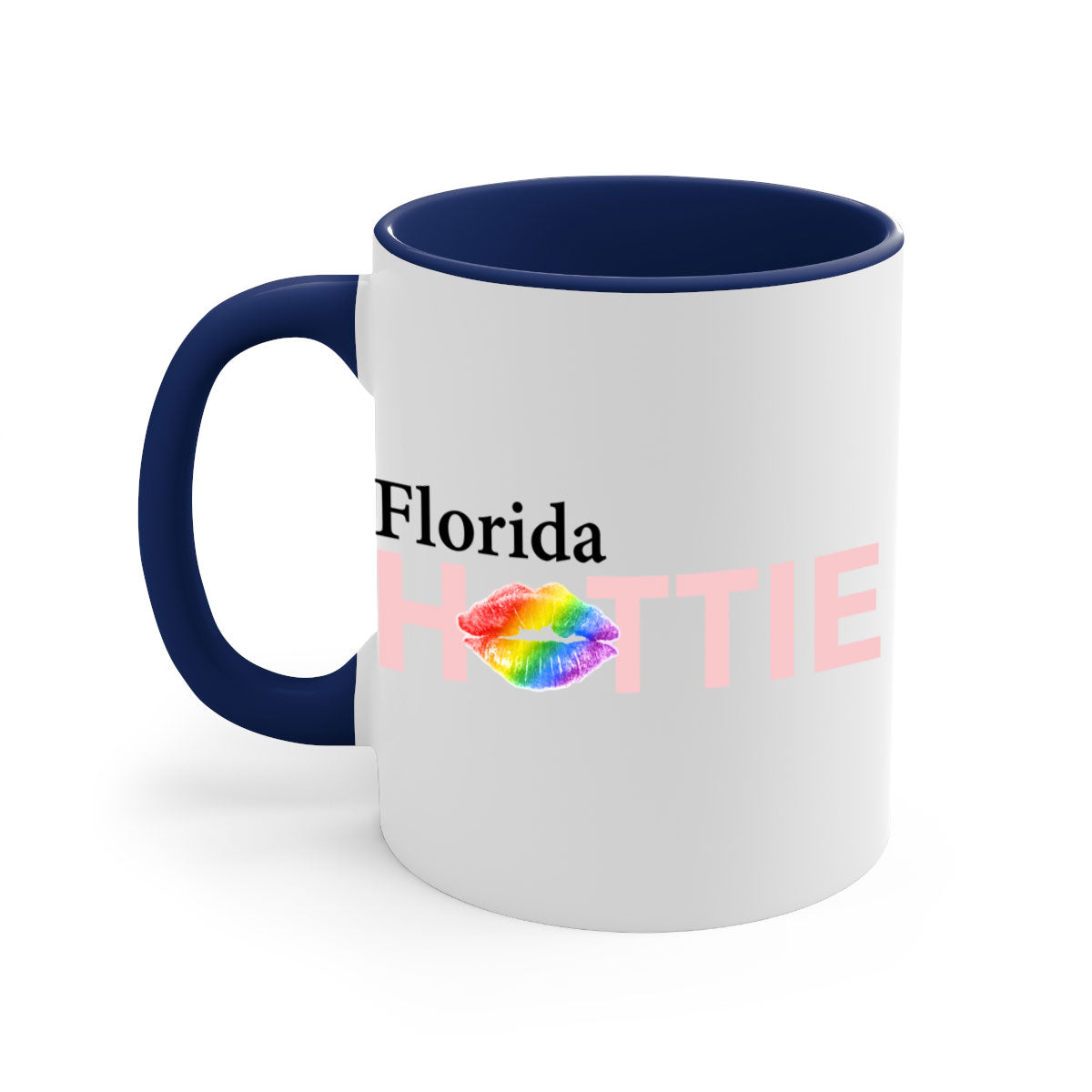 Florida Hottie mug featuring rainbow lips design with a glossy finish and colored handle.