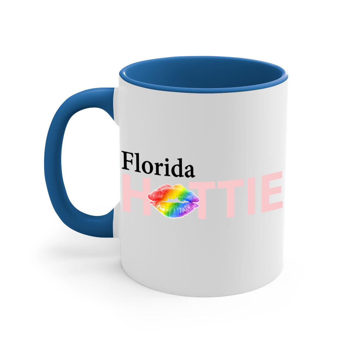 Florida Hottie mug featuring rainbow lips design with a glossy finish and colored handle.