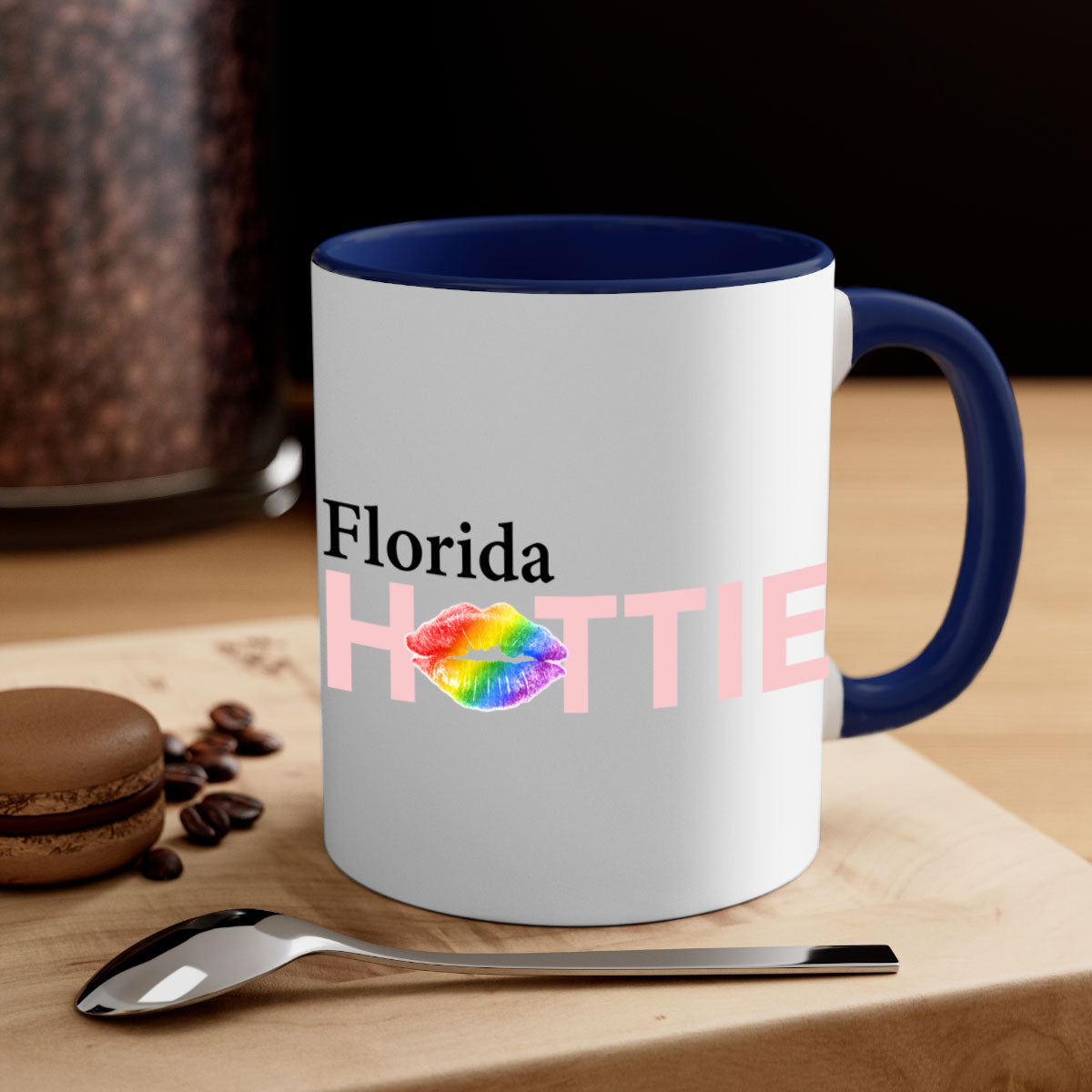 Florida Hottie mug featuring rainbow lips design with a glossy finish and colored handle.