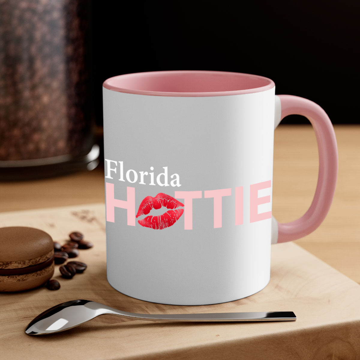 Florida Hottie With Red Lips Mug featuring a glossy finish, colored handle, and vibrant red lips design, available in multiple colors.