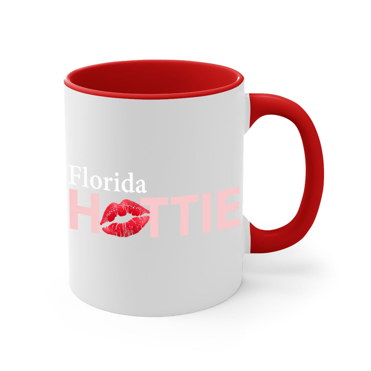 Florida Hottie With Red Lips Mug featuring a glossy finish, colored handle, and vibrant red lips design, available in multiple colors.
