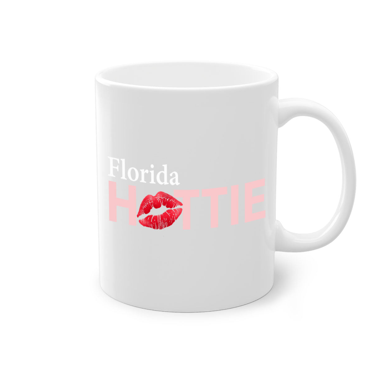 Florida Hottie With Red Lips Mug featuring a glossy finish, colored handle, and vibrant red lips design, available in multiple colors.