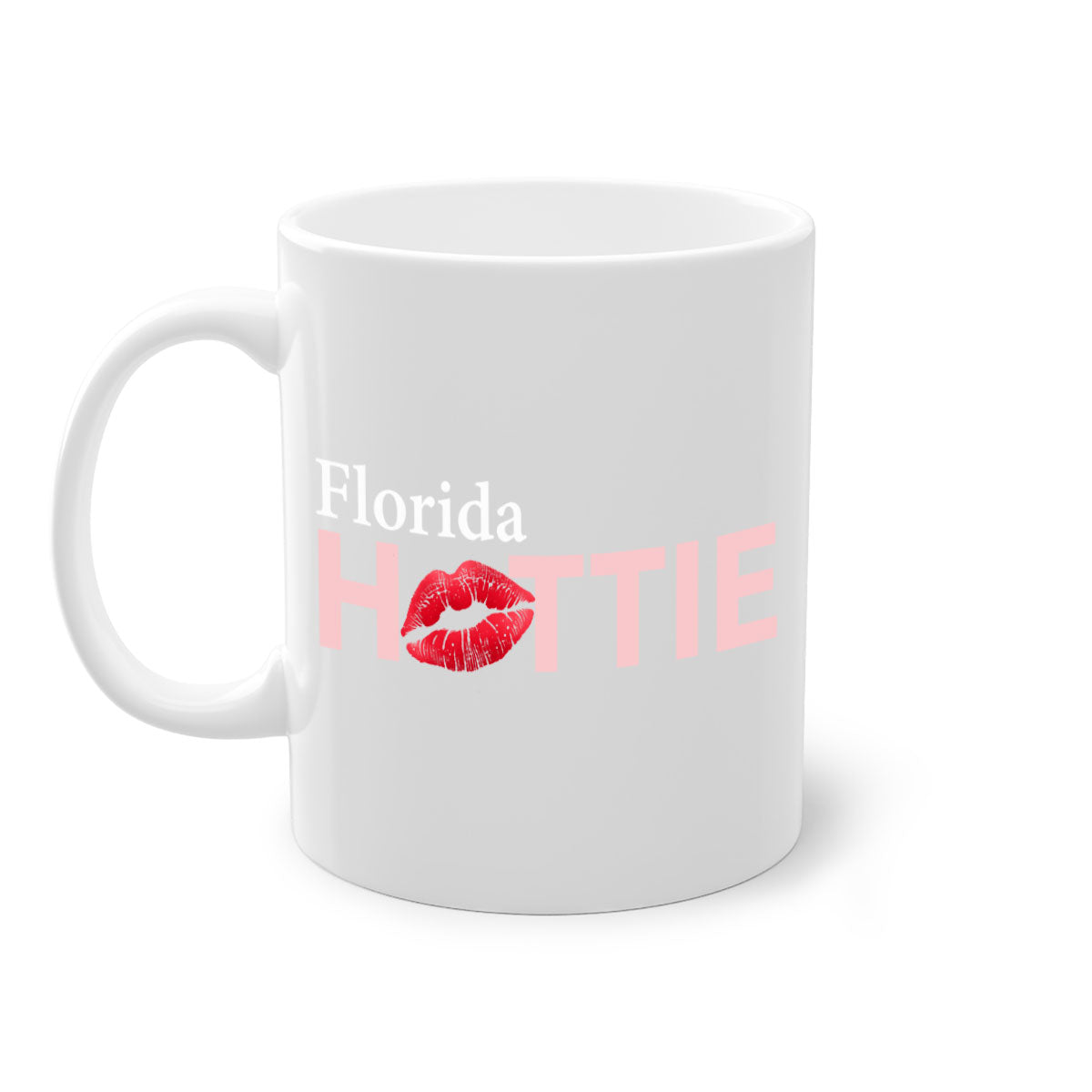 Florida Hottie With Red Lips Mug featuring a glossy finish, colored handle, and vibrant red lips design, available in multiple colors.