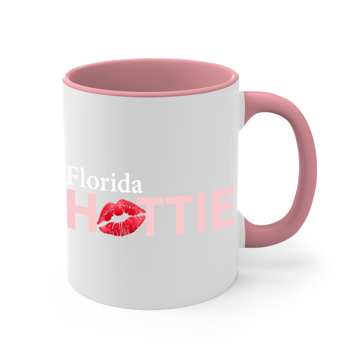 Florida Hottie With Red Lips Mug featuring a glossy finish, colored handle, and vibrant red lips design, available in multiple colors.