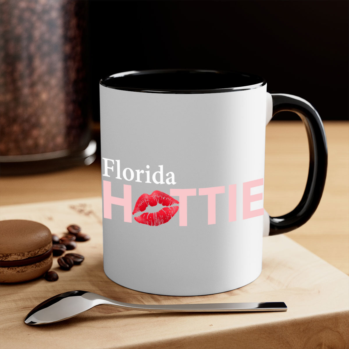 Florida Hottie With Red Lips Mug featuring a glossy finish, colored handle, and vibrant red lips design, available in multiple colors.