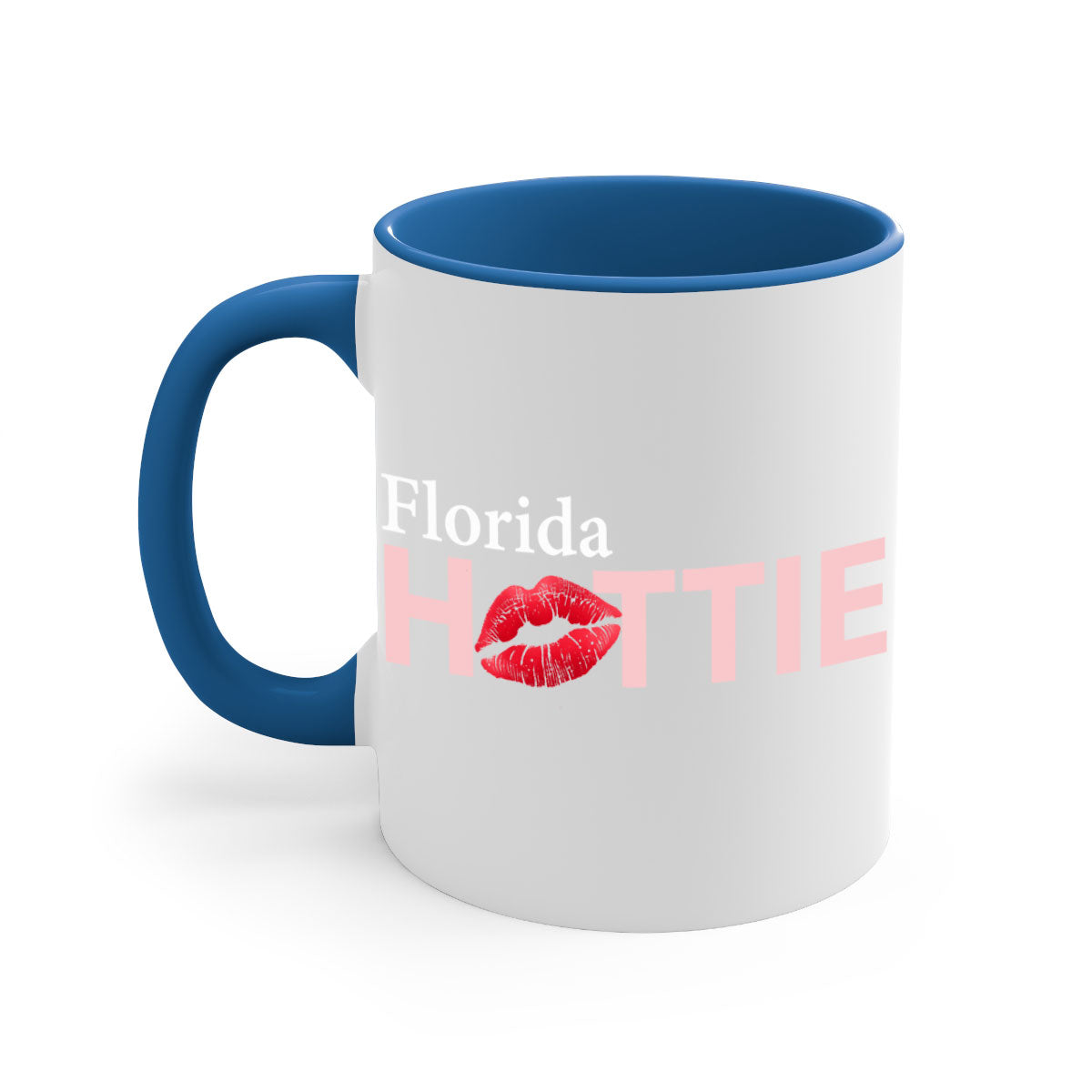 Florida Hottie With Red Lips Mug featuring a glossy finish, colored handle, and vibrant red lips design, available in multiple colors.