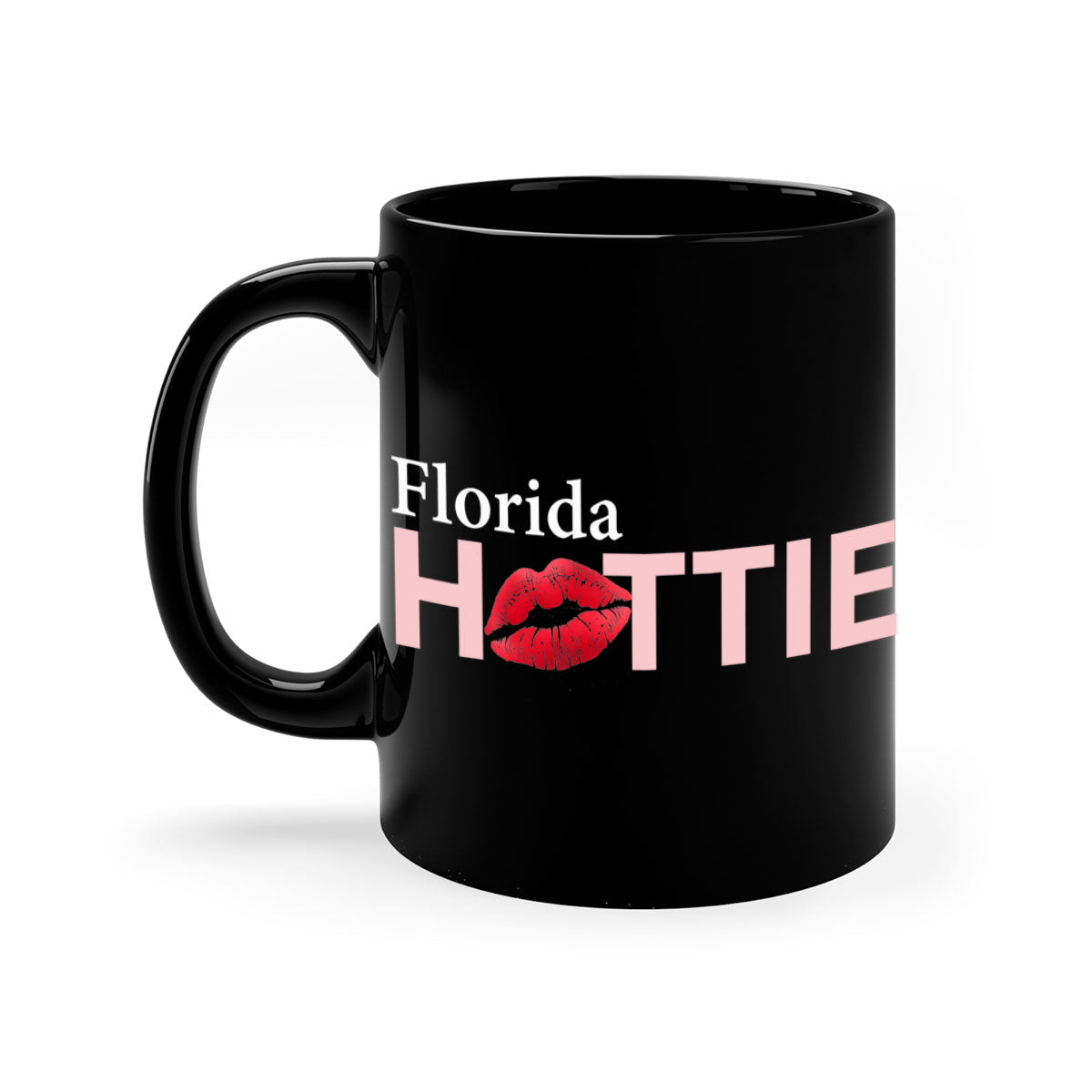 Florida Hottie With Red Lips Mug featuring a glossy finish, colored handle, and vibrant red lips design, available in multiple colors.