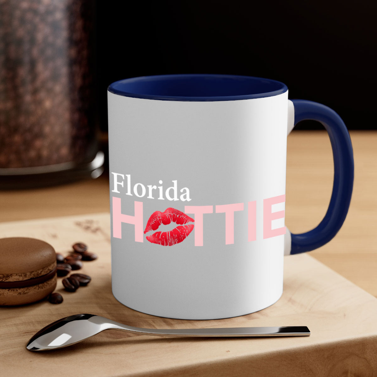 Florida Hottie With Red Lips Mug featuring a glossy finish, colored handle, and vibrant red lips design, available in multiple colors.