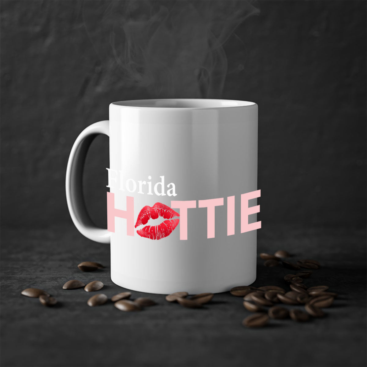 Florida Hottie With Red Lips Mug featuring a glossy finish, colored handle, and vibrant red lips design, available in multiple colors.