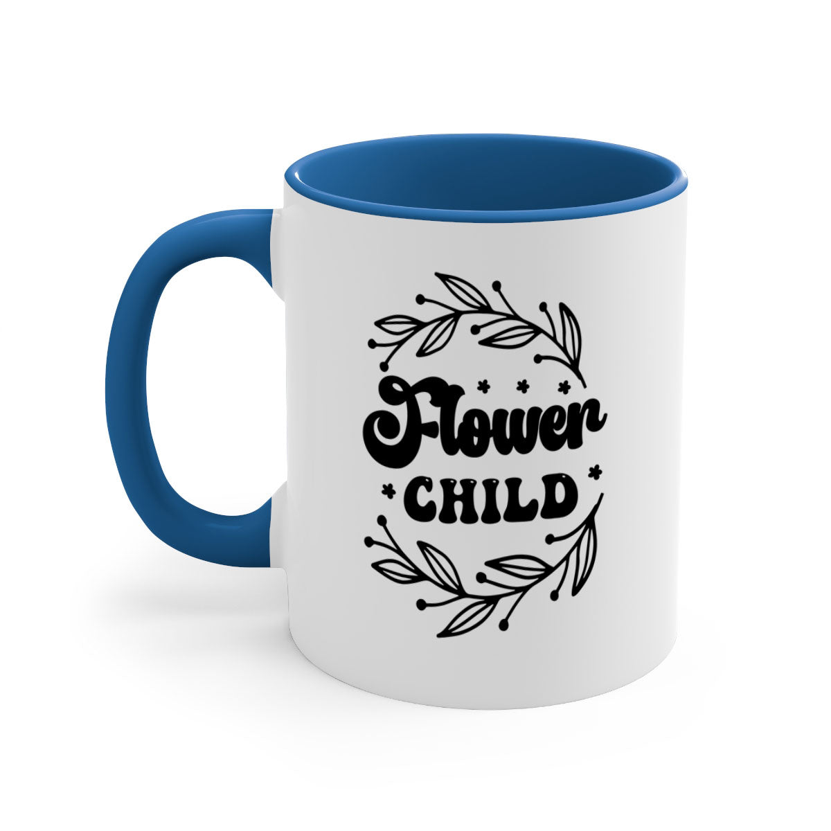 Flower Child 141# Mug with colorful handle and glossy finish, available in multiple sizes.
