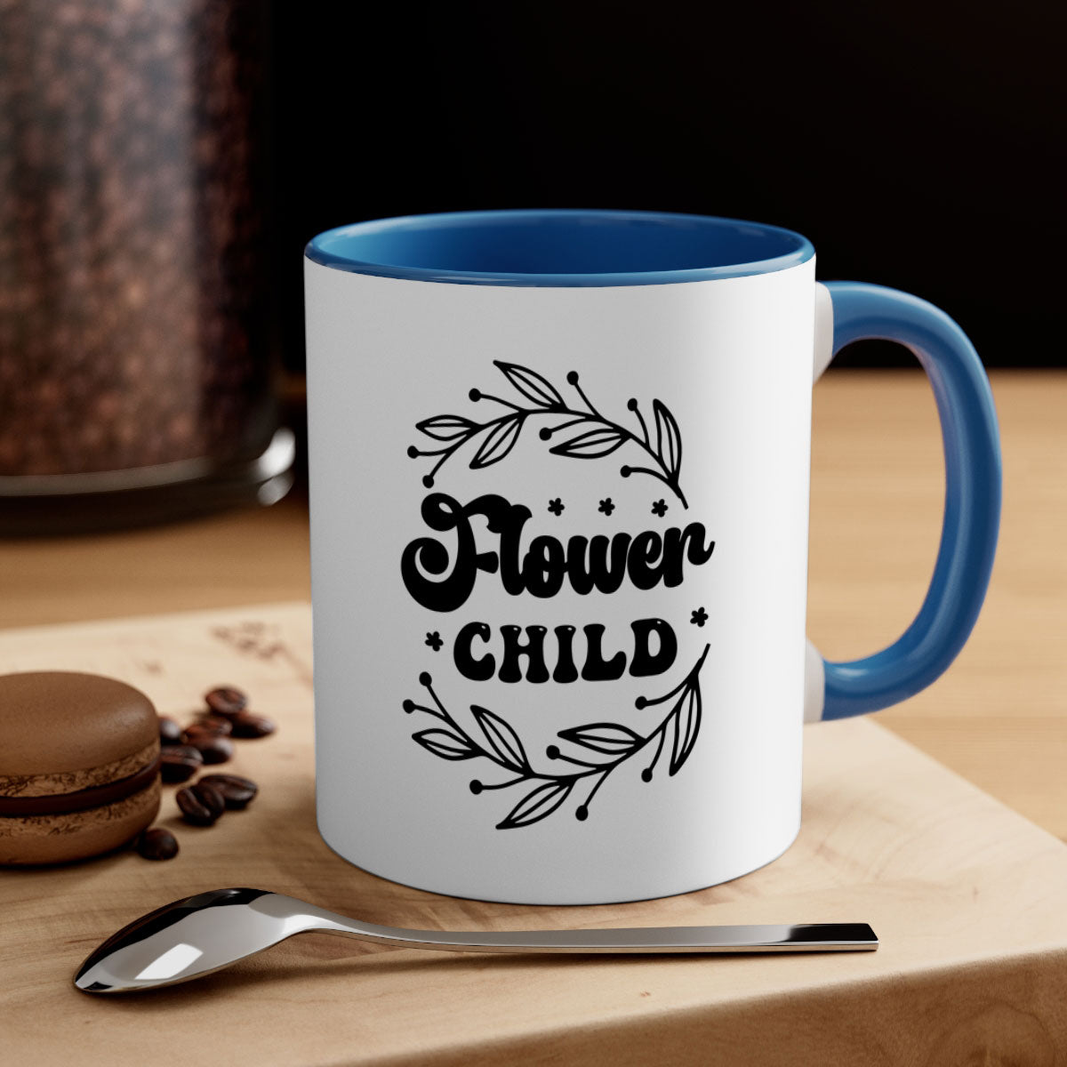 Flower Child 141# Mug with colorful handle and glossy finish, available in multiple sizes.