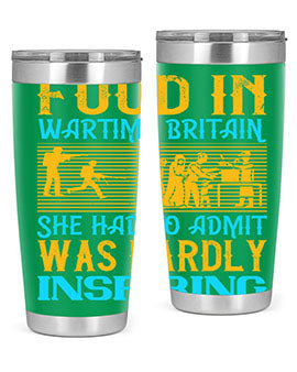 Food in Wartime Britain tumbler showcasing double wall vacuum stainless steel design with copper lining and drink-thru lid.