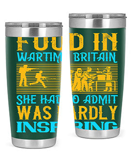 Food in Wartime Britain tumbler showcasing double wall vacuum stainless steel design with copper lining and drink-thru lid.