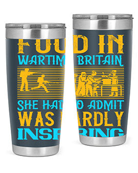 Food in Wartime Britain tumbler showcasing double wall vacuum stainless steel design with copper lining and drink-thru lid.