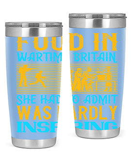 Food in Wartime Britain tumbler showcasing double wall vacuum stainless steel design with copper lining and drink-thru lid.