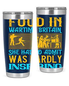 Food in Wartime Britain tumbler showcasing double wall vacuum stainless steel design with copper lining and drink-thru lid.