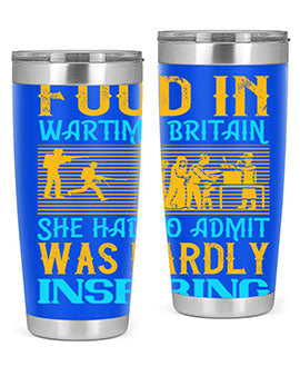 Food in Wartime Britain tumbler showcasing double wall vacuum stainless steel design with copper lining and drink-thru lid.