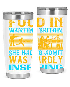 Food in Wartime Britain tumbler showcasing double wall vacuum stainless steel design with copper lining and drink-thru lid.