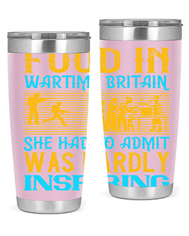 Food in Wartime Britain tumbler showcasing double wall vacuum stainless steel design with copper lining and drink-thru lid.