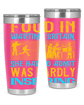 Food in Wartime Britain tumbler showcasing double wall vacuum stainless steel design with copper lining and drink-thru lid.