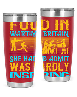 Food in Wartime Britain tumbler showcasing double wall vacuum stainless steel design with copper lining and drink-thru lid.