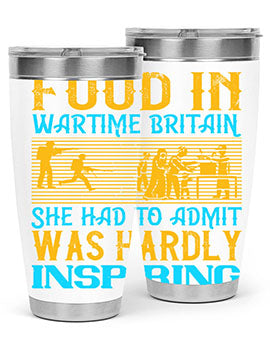 Food in Wartime Britain tumbler showcasing double wall vacuum stainless steel design with copper lining and drink-thru lid.