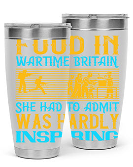 Food in Wartime Britain tumbler showcasing double wall vacuum stainless steel design with copper lining and drink-thru lid.