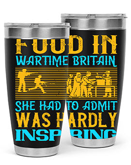 Food in Wartime Britain tumbler showcasing double wall vacuum stainless steel design with copper lining and drink-thru lid.
