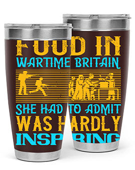 Food in Wartime Britain tumbler showcasing double wall vacuum stainless steel design with copper lining and drink-thru lid.
