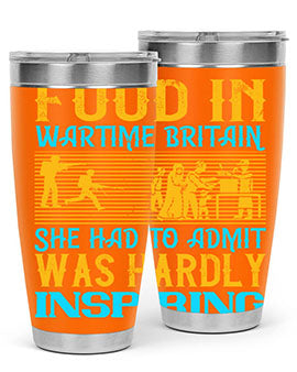 Food in Wartime Britain tumbler showcasing double wall vacuum stainless steel design with copper lining and drink-thru lid.