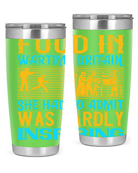 Food in Wartime Britain tumbler showcasing double wall vacuum stainless steel design with copper lining and drink-thru lid.