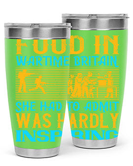 Food in Wartime Britain tumbler showcasing double wall vacuum stainless steel design with copper lining and drink-thru lid.